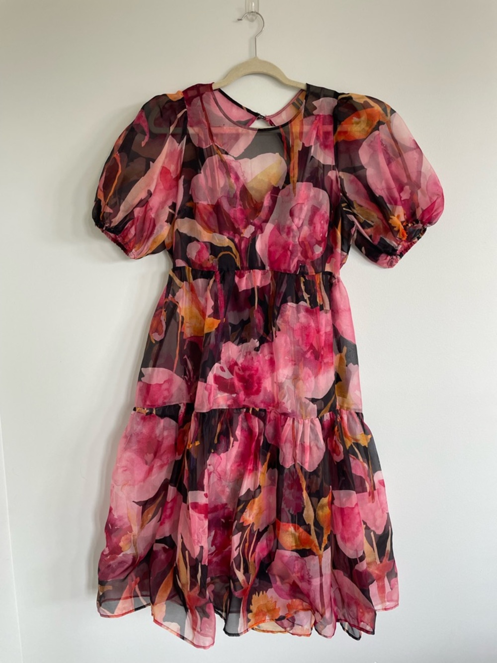 Anthropologie Reds & Black Floral Puff-Sleeve Sheer Tiered Midi Dress Sz 8